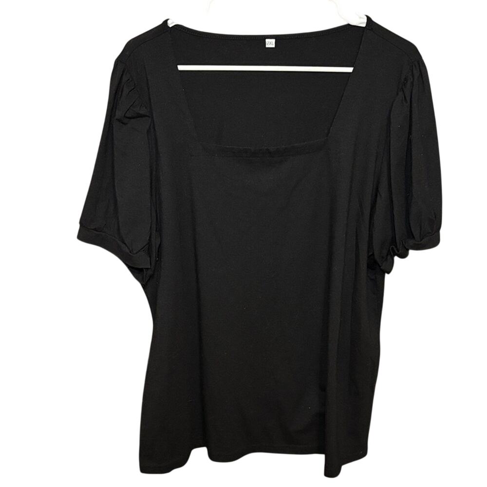 Black Square Neck Blouse 2XL Puff Sleeve Top Soft Stretch Tee